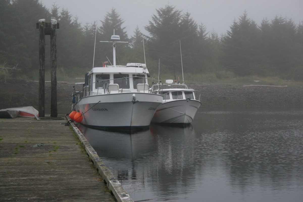 Two white fishing boats tied up at a wooden dock in thick fog, with the still grey water reflecting their hulls and a line of spruce trees fading into the mist behind.